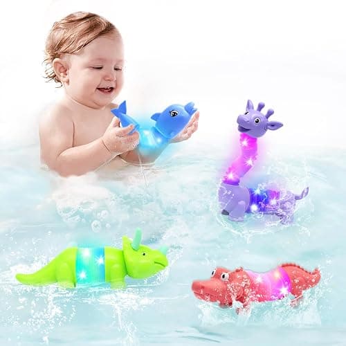 DELEE Bath Toys 4Packs Animal Shaped Pop Tubes Baby Bath Toys with LED Lights Floating Swimming Water Toys,Perfect for Bath Time Fun,Travel,Pool Play,Idea Gift for 3 4 5 year olds Toddlers and Kids - Image 1