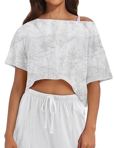 MISSACTIVER Oversized Off The Shoulder Top for Women Short Sleeve Boat Neck Crop Tee Loose Summer Workout Shirt - Image 1