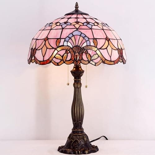 WERFACTORY Tiffany Lamp Pink Stained Glass Baroque Bedside Table Lamp Style Desk Light 16X16X24 Inches Decor Bedroom Living Room Home Office S003P Series thumbnail 3