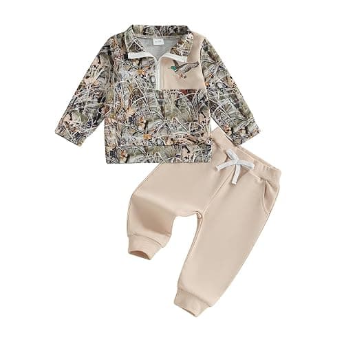VISGOGO Toddler Baby Boy Hunting Outfit Duck Half Zip Long Sleeve Sweatshirt Pants Set 2 Fall Camouflage Clothes - Image 1