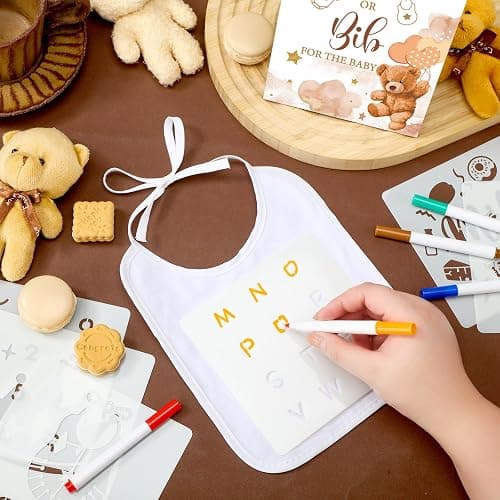 Panitay 100 Pcs Blank Bib Bodysuit Baby Shower Set Baby Shower Sign Blank Feeder Bib DIY Bodysuit Fabric Colorful Marker(Brown Bear) thumbnail 4