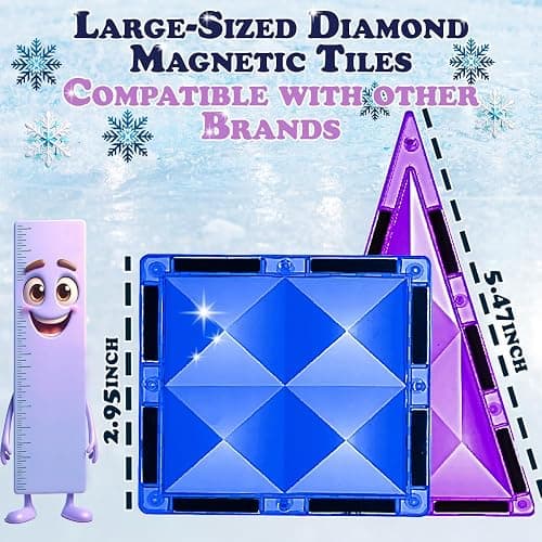 Little Pi 102pcs Frozen Princess Castle Magnetic Tiles Building Blocks - 3D Diamond Blocks, STEM Educational Toddler Toys for Pretend Play, 4 Year Old Girl Birthday Gifts Kids Ages 3 5 6 7 8 - Blue thumbnail 2