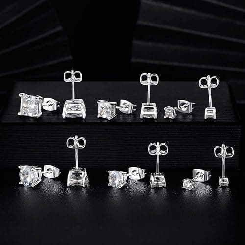 MDFUN 6 Pairs Stud Earrings Set 3mm/5mm/7mm Princess & Round Cubic Zirconia Earrings Hypoallergenic 316L Surgical Stainless Steel CZ Earrings for Women Men thumbnail 7