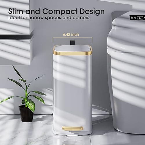 CEROELDA Small Bathroom Trash Can with Lid Soft Close-5L/1.3 Gal Slim Garbage Can-Metal Step Wastebasket-Rectangle Narrow Waste Bin for Office, Bedroom, Toilet, Live Room-White thumbnail 3