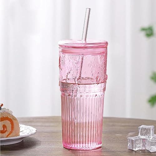 JunVpic Glass Coffee Cups with Lids and Straws, 20 OZ Pink Iced Water Glasses Tumblers for Ice Juice, Tea, Milk, Smoothie and Cold or Hot Drinks, Set of 2 thumbnail 2