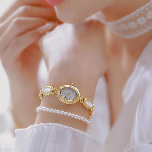 FANMIS Gold Tone Watches for Women with Small Vintage Bracelet Elegant Jade Oval Dial Dress Watch Fashion Quartz Wrist Watch Waterproof Watch thumbnail 4