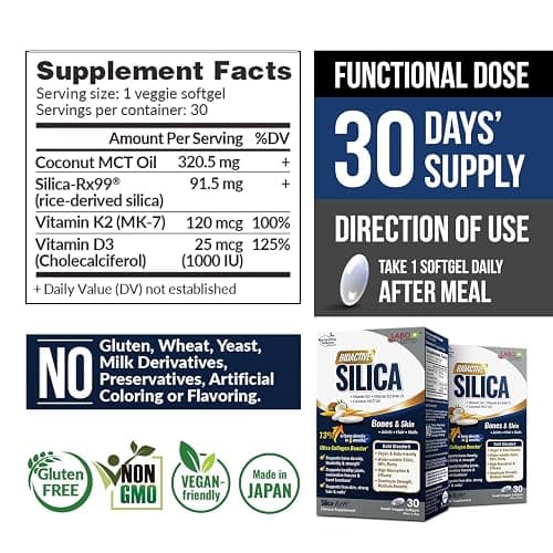 LABO Nutrition Bioactive Silica — 99% Purity Rice-Derived Silica-Rx99 for Bone Health, Joint Flexibility & Collagen Support — with Plant Vitamin D3, K2 MK-7 & MCT Oil, 30 Vegan Softgels thumbnail 2