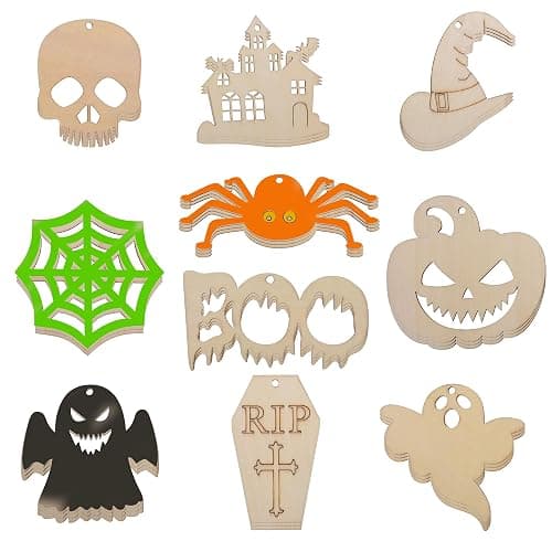 60PCS Unfinished Blank Wooden Halloween Cutouts Craft for Kids | suit for Children's Painting DIY Room Decoration Gift Giving Surprise (Halloween) - Image 1
