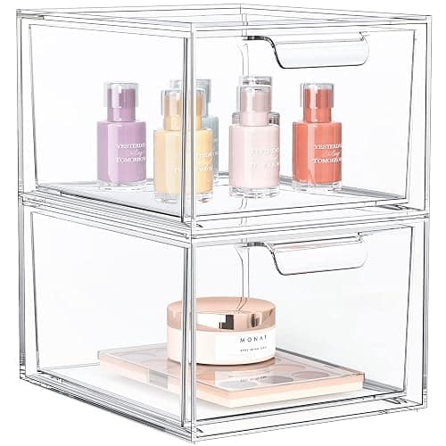 SpaceHacks 2 Pack Stackable Makeup Organizer and Storage, Acrylic Organizers，Clear Plastic Storage Drawer with Handles for Vanity, Undersink, Kitchen Cabinets, Pantry - 2 Pack - Clear - Image 1