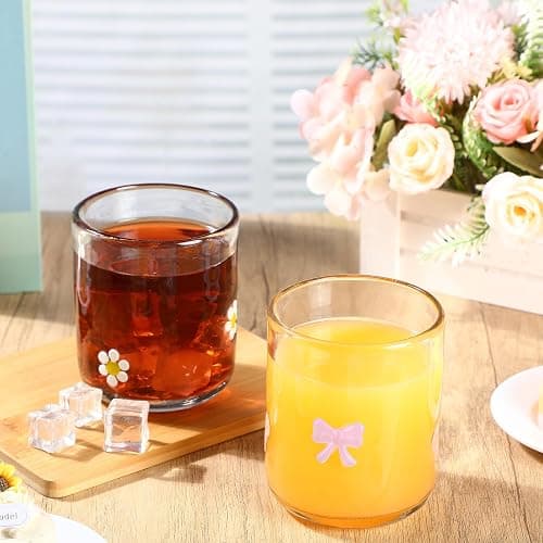 Skylety 2 Pack Icon Juice Glass Cup Pink Bow Coquette Daisy Flower Cup 14 oz Aesthetic Double Vintage Glasses for Valentine Gifts Woman Friend Summer Party Scotch Cocktail Juice Drinks Party Favors thumbnail 2