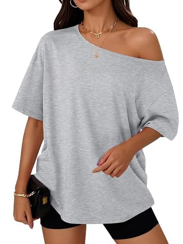 Trendy Queen Womens Off the Shoulder Tops Oversized Summer T-Shirts 2026 | Breathable comfort stretch fabric, short sleeve, basic oversized tees, casual workout gym, y2k going out clothes - Image 1