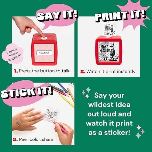 Hapiko Stickerbox AI Voice-Powered Mini Sticker Maker for Kids | Portable thermal inkless printer, 3 paper rolls & 8 colored pencils, Ages 5+, Kid-safe, Screen-free custom plays thumbnail 2