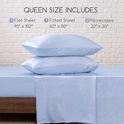 MR&HM Satin Bed Sheets, Queen Size Sheets Set, 4 Pcs Silky Bedding Set with 15 Inches Deep Pocket for Mattress (Queen, Light Blue) thumbnail 7