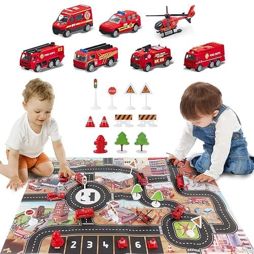 Dwi Dowellin Airplane Toy with Fire Truck Cars and Play Mat,Plane with Lights and Sounds for 3 + Years Old Boys and Girls thumbnail 6