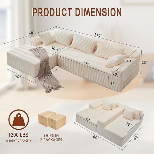 Korser 110" L-Shaped Modular Sectional Sofa with Chaise, Boneless Comfy Corduroy Fluffy Couch with Deep Seat and Side Pockets, Flexible Module Combination for Living Room, No Assembly, Side Pockets thumbnail 3