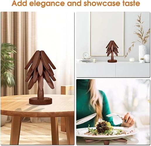 Wooden Cup Coaster Set，Tree Shape Trivet Set,Tree Coasters- 4 Wooden Trivets + 1 Stand stored for hot Dish/Pot/Bowl/teapot/hot Pot Set (Brown) thumbnail 5