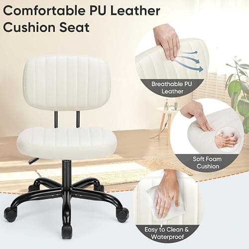 DUMOS Armless Home Office Desk Chair -Small Ergonomic with Low Back Lumbar Support, Height Adjustable PU Leather Computer Task with 360° Swivel Rolling Wheels, for Small Space, Beige White thumbnail 4