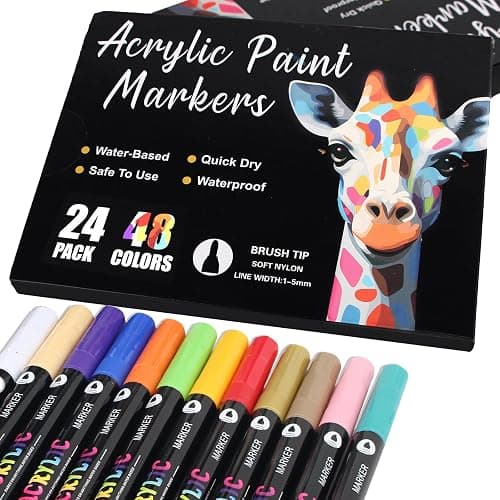 24 Acrylic Paint Pens with 48 Colours Brush Tip for Rock Painting Fabric Glass Stone Ceramic Wood Metal, Dual Tip Acrylic Markers for Adults, Paint Markers for Easter Egg Pumpkins Graffiti - Image 1