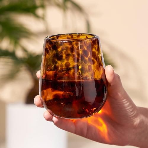 Segunda Vida Tortuga Hand Blown Wine Glasses, Recycled Mexican Glassware with Tortoise Shell Pattern, Stemless Drinking Glasses for Wedding Gifts, Housewarming, Cocktail Party, 13 oz Set of 2 thumbnail 6