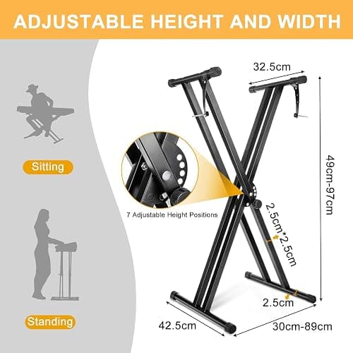 Trintion X Frame Music Keyboard Stand - 49cm-97cm Adjustable Universal Classic & Electronic Piano Stand with Locking Straps (7 Position Folding Height) thumbnail 3