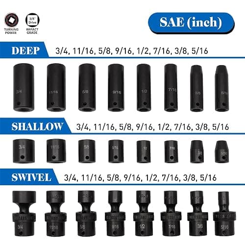 MacWork 67 Pieces 3/8“ Drive Impact Socket Set, SAE and Metric Sockets, CR-V & CR-Mo, Complete Socket Set with Shallow, Deep & Swivel Sockets, Includes Ratchet, Extension Bars & Adapters thumbnail 4