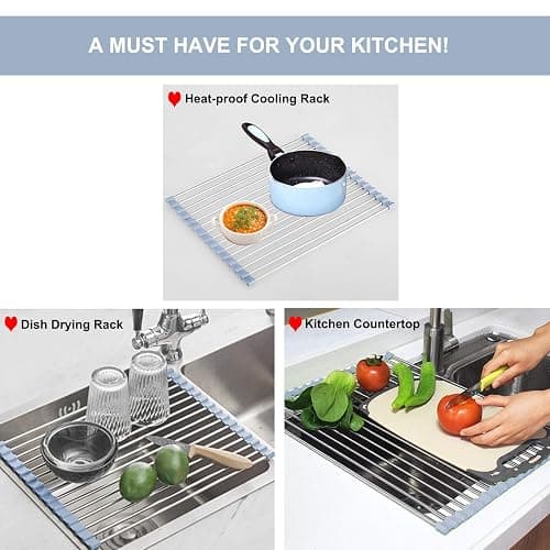 MECHEER Over The Sink Dish Drying Rack, Roll Up Dish Drying Rack Kitchen Dish Rack Stainless Steel Sink Drying Rack, Foldable Dish Drainer, Gray (20.4''x13.7'') thumbnail 5