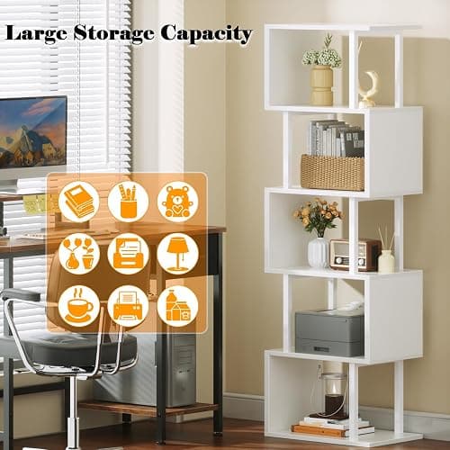 Furologee White Geometric Bookshelf 6 Tier S-Shaped Bookcase, Tall Modern Display Storage Shelf, Metal and Wood Decorative Freestanding Room Divider Shelves for Bedroom, Living Room, Office thumbnail 4