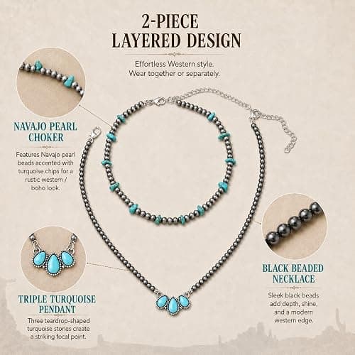 Zurlcdye Turquoise Necklaces for Women Charm Boho Western Vintage 3 Black Beaded Necklace with Teardrop Turquoise Pendant Layered Necklace Chic Country Concert Outfits Birthday Jewelry Gifts thumbnail 5