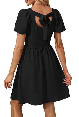 OFEEFAN Women Puff Sleeve Square Neck Tie in Back Dresses with Zipper thumbnail 5
