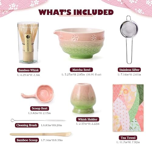 Matcha Tea Set, 8 Pcs Japanese Matcha Kit with Cherry Blossom and Wave Design Ceramic Bowl, Bamboo Whisk, Whisk Holder, Scoop, Sifter, Brush, Matcha Kit Set for Matcha Lovers (Pink-Green) thumbnail 6