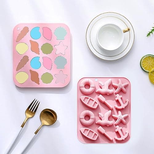Seashell and Nautical Silicone Mold Set, 2 Pack Pink Ice Cube Trays with Starfish Anchor Shell Designs thumbnail 7