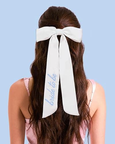 xo, Fetti Blue Bride to Be Embroidered White Hair Bow | Bachelorette Party Hairpiece, Bridal Shower Accessory, Bridesmaid Gift, Wedding Headband, Engagement Accessory thumbnail 4
