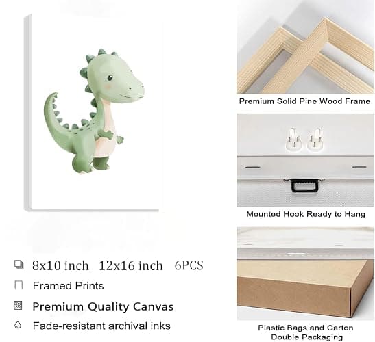 6Pcs Dinosaur Nursery Wall Art Kids Room Canvas Poster Toddler Baby Watercolor Dino Wall Decor Dinosaur Painting Prints Cute Dino Pictures for Nursery Bedroom Boy Playroom Framed thumbnail 6