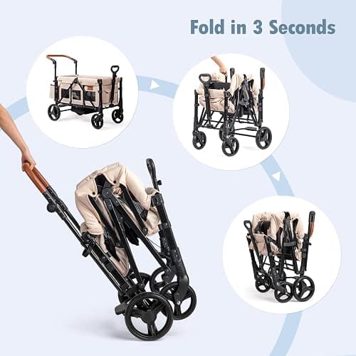 Stroller Wagon for 2 Kids with Footwell, Foldable All-Terrain Wagon Stroller with Adjustable Push/Pull Handle, Parent Organizer, 5-Point Harness, Ideal for Travel & Outdoor Adventures (Clasic Oat) thumbnail 6