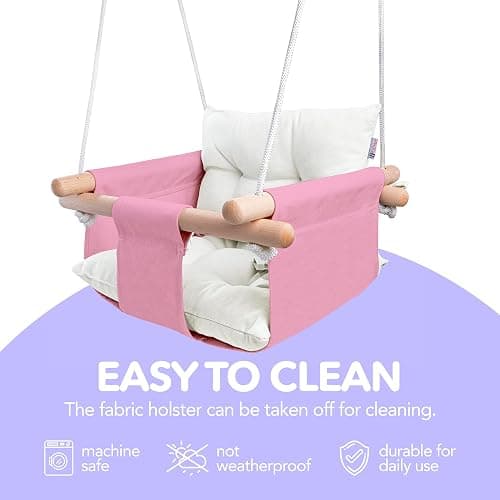 CaTeam - Canvas Baby Swing, Wooden Hanging Swing Seat Chair with Safety Belt, Durable Baby Swing Chair, Outdoor and Indoor Swing for Kids, Mounting Hardware Included, Pink thumbnail 6