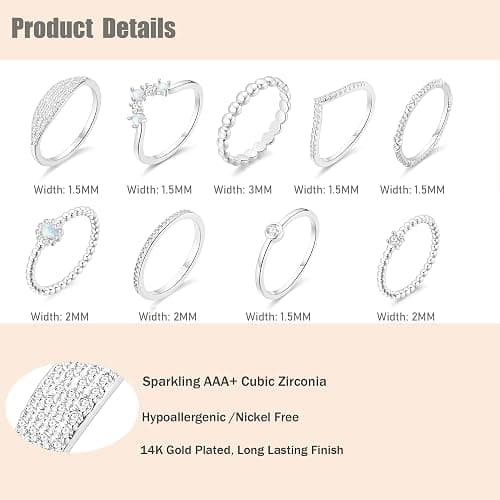 PLOMFOV 14K Silver Plate Stacking Rings Set for Women V Opal Flower CZ Rings Simple Thumb Thin Stackable Rings Silver Statement Rings Plain Band Size 4-11 thumbnail 3