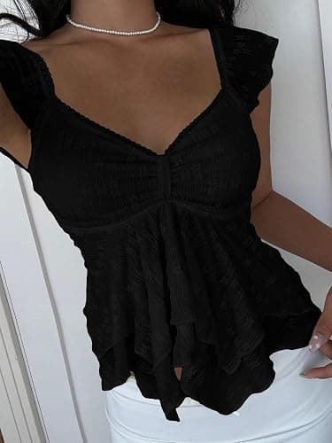 BAIGRAM Women Y2K Ruffle Flowy Peplum Babydoll Crop Tank Cute Sheer Floral Lace Sweetheart Neck Tops Tiered Going Out Shirt thumbnail 3