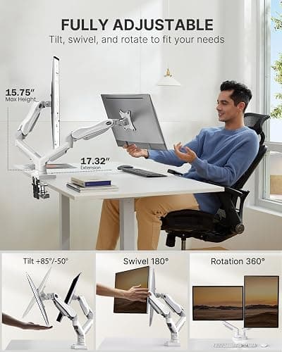 HUANUO Dual Monitor Stand - Full Adjustable Monitor Desk Mount Swivel Vesa Bracket with C Clamp, Grommet Mounting Base for 13 to 32 Inch Computer Screens - Each Arm Holds 4.4 to 19.8lbs - Whtie - White thumbnail 3