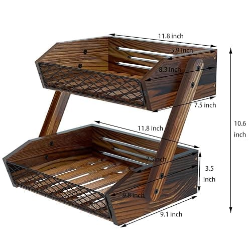 Dorhors Fruit Basket for Kitchen Counter Organizer,Fruit Bowl Stand Storage | 2 tier Rustic Brown Vegetable Holder,Wood Bread Display Rack,Kitchen Countertop Organizer Shelf for Snack,Onion,Banana,Potato thumbnail 3