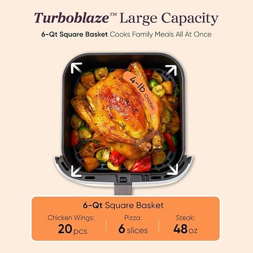 Cosori 9-in-1 TurboBlaze Air Fryer 6 Qt, Smart Control, 90°–450°F, Shake Reminders, Precise Heating for Even Results, Air Fry, Roast, Bake, Broil, Dry, Frozen, Proof, Reheat, Keep Warm, 120V, Cream thumbnail 6