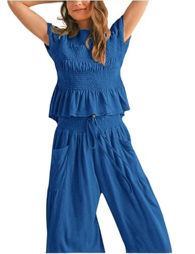 Antnation Womens 2 Piece Smocked Top Wide-Leg Pants Set High-Waisted Lounge Outfit with Pockets Casual Boho Matching Set thumbnail 3