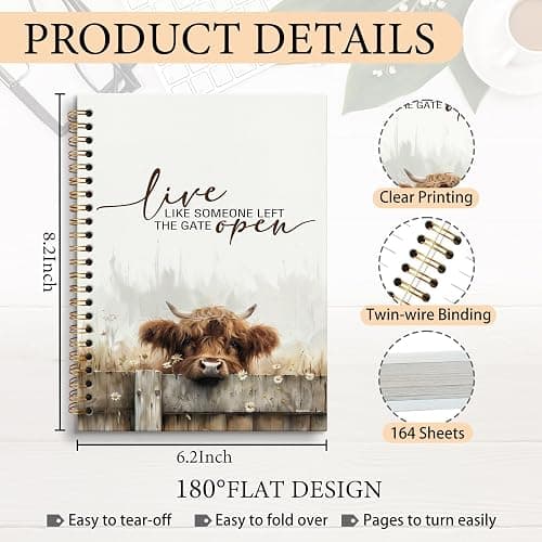 JRTW Live Like Someone Left the Gate Open Inspirational Highland Cow Notebook Journal, Cow Lover Gifts, Motivational Gifts for Women Men, Western Notebook, Spiral Journal 5.5x8.3 Inch thumbnail 3