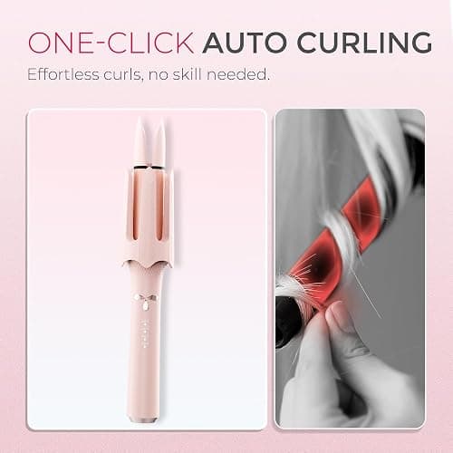 Auto Rotating Hair Curler - 4 Temperature and Timer Settings, Automatic Curling Iron with Automatic Shut-Off, Anti-Tangle and Scalding, Curling Wand for Long Lasting Curls (Pink) thumbnail 7