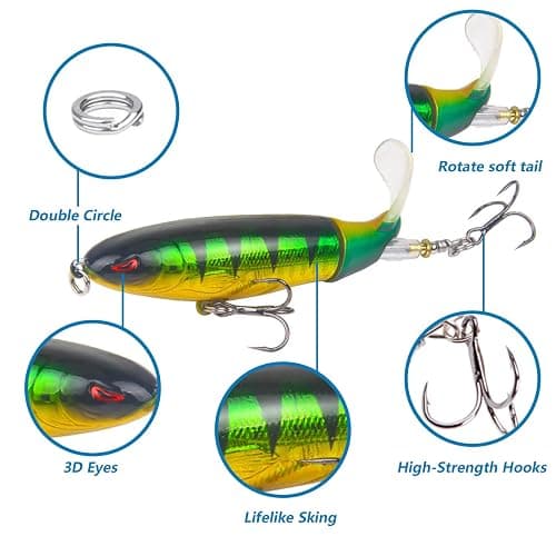 RTGSE 10Pcs Whopper Fishing Lure for Bass Popper Top Water Fishing Lures with Floating Rotating Tail Barb Treble Hooks in Saltwater Freshwater Plopping Lures Kit thumbnail 2