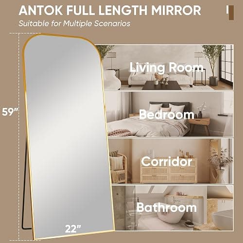 Antok Full Length Mirror, 59"x22" Floor Mirror Freestanding, Arched Floor Standing Large Mirror Full Body Mirrors with Stand for Bedroom, Hanging Mounted Mirrors for Living Room, Gold thumbnail 2