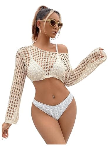 SHENHE Women's Hollow Out Crochet Beach Cover Up Sheer Long Sleeve Crop Top | Beach, Summer, Vacation, Holiday, Rave thumbnail 3