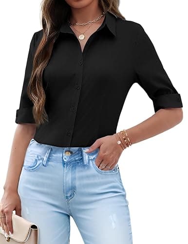 Zeagoo Womens Button Down Shirts 3/4 Sleeve Dress Blouses Business Casual Collared Oxford Tops - Image 1