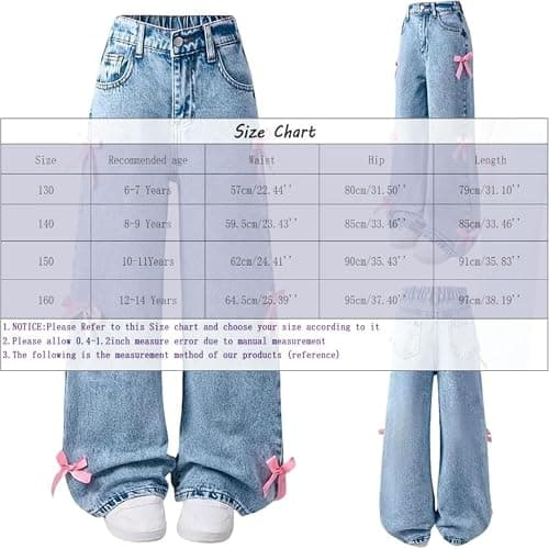 Godalithic Bow Jeans for Girls Wide Leg Kids Baggy Flare Denim Pants High Waisted Cute Clothes Y2k Outfits with Pockets 6-14Y thumbnail 6