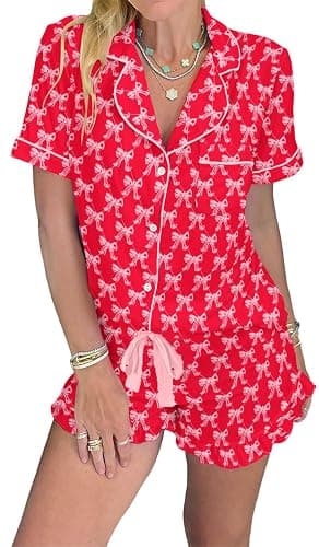 KevaMolly Womens Christmas Lounge Sets Candy Cane Print Pocketed Knotted PJ Set Short Sleeve Xmas Top and Shorts - Image 1