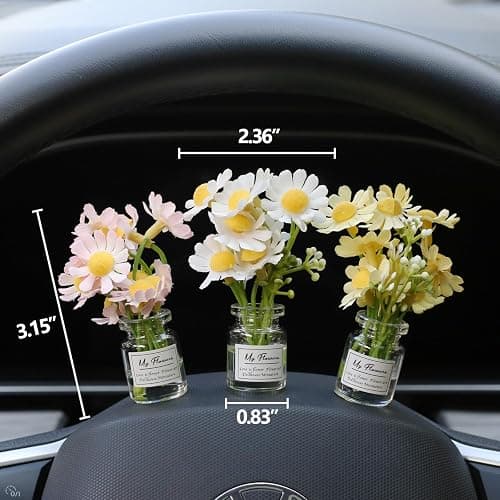 Kiofs Daisy Flower Car Accessories for Women Interior Aesthetic, 3 Pcs Daisy Cute Car Dashboard Decorations thumbnail 2